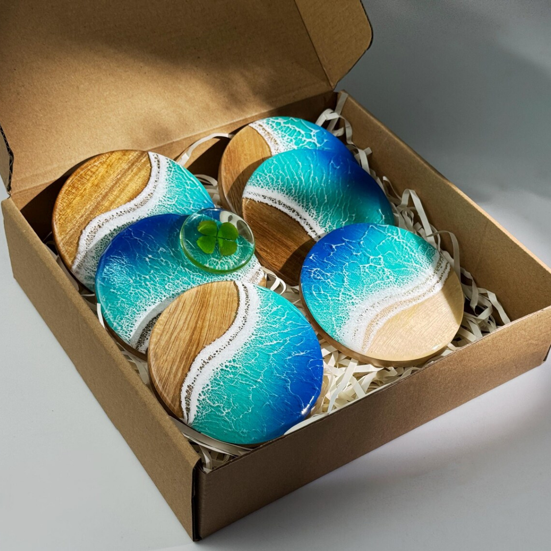 Handmade Epoxy Ocean Coasters 6X